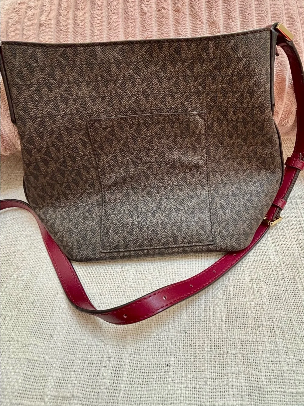 Michael Kors Brown Logo Crossbody with Red Trim and Gold Hardware
